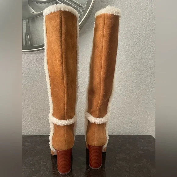 NWOB LAUREN Ralph Lauren Brown Suede Knee-High Boots w/Cream Shearling Trim 5.5B - Picture 4 of 11
